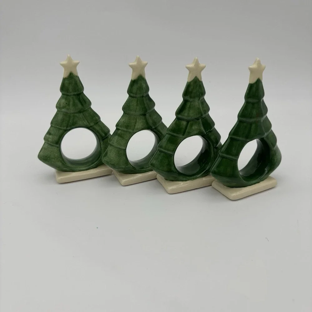 Christmas Ceramic‎ Tree Napkin Rings Handmade & Perfect! Set Of 4 Vintage